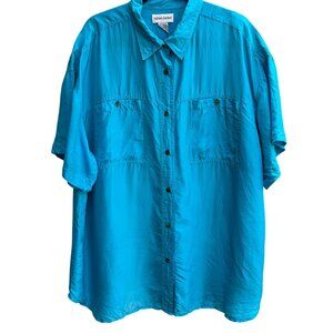 Adrian Jordan Vintage Womens Turquoise Silk Short Sleeve Button-Up Shirt 22/24